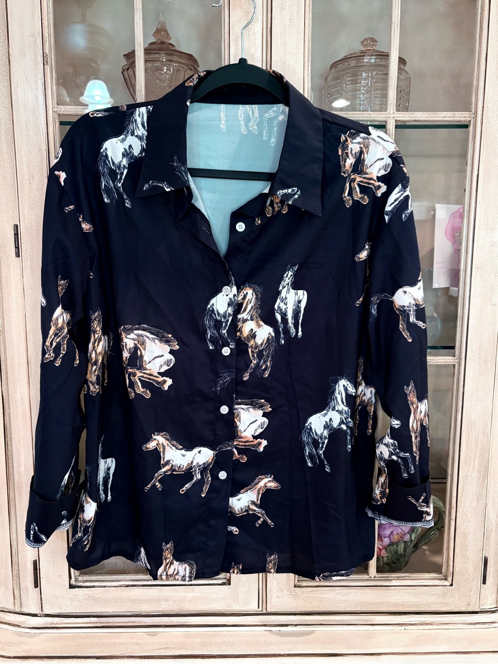 Black Button-Down Blouse with Elevated Equestrian Print - Picture 4 of 9